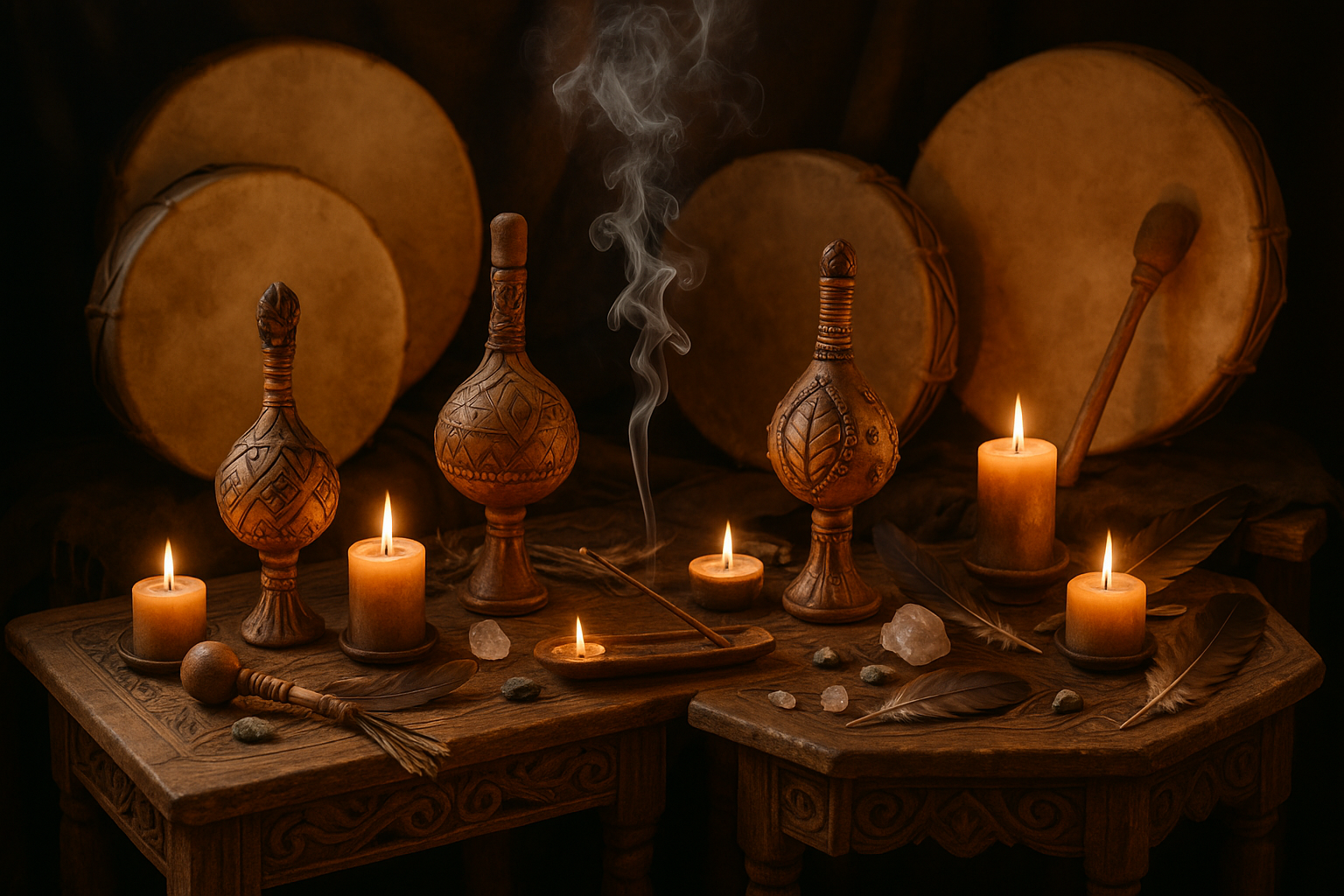 shamans tables with drum, rattle and smoking incense 